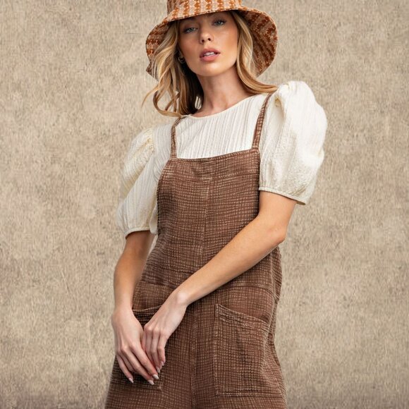 EASEL "Here I Am" Mineral Washed Wide Leg Jumpsuit Adjustable Tie Straps Pockets - Picture 12 of 16